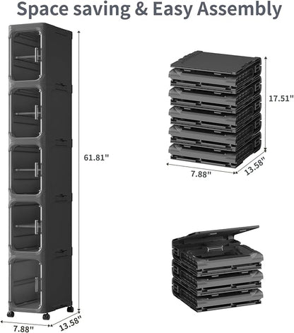 5 Tier Slim Bathroom Storage Cabinet, Foldable and Movable, Black | Tools Free, ABS and PET, Magnetic Clear Door, Adjustable Shelves, Lockable Wheels, Water Resistant, For Narrow Space