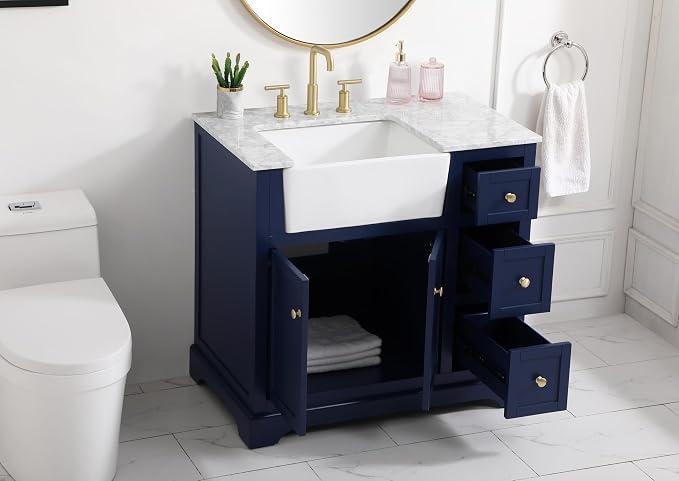 36" Pre-Assembled Bathroom Vanity with Sink, Solid Birch and MDF, Carrara White Marble Countertop Attached, Single Rectangle Porcelain Sink, 3 Soft-Close Drawers, Blue