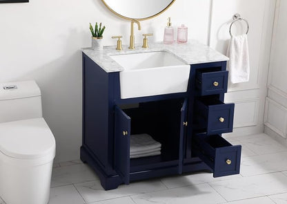 36" Pre-Assembled Bathroom Vanity with Sink, Solid Birch and MDF, Carrara White Marble Countertop Attached, Single Rectangle Porcelain Sink, 3 Soft-Close Drawers, Blue