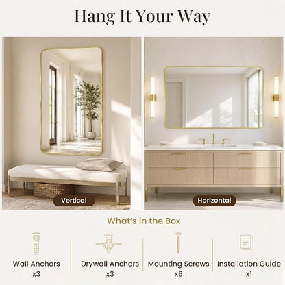 30x48 Inch Brushed Gold Rounded Rectangle Bathroom Vanity Mirror | For Over-Sink Bathrooms, Corrosion-Resistant Aluminum Frame, Slim Front Profile, Vertical or Horizontal Layout