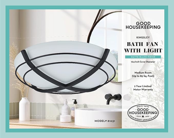 Good Housekeeping Kingsley (81031) Decorative 90 CFM 2.5 Sones Bathroom Ventilation Exhaust Fan with Lighting (Matte Black)