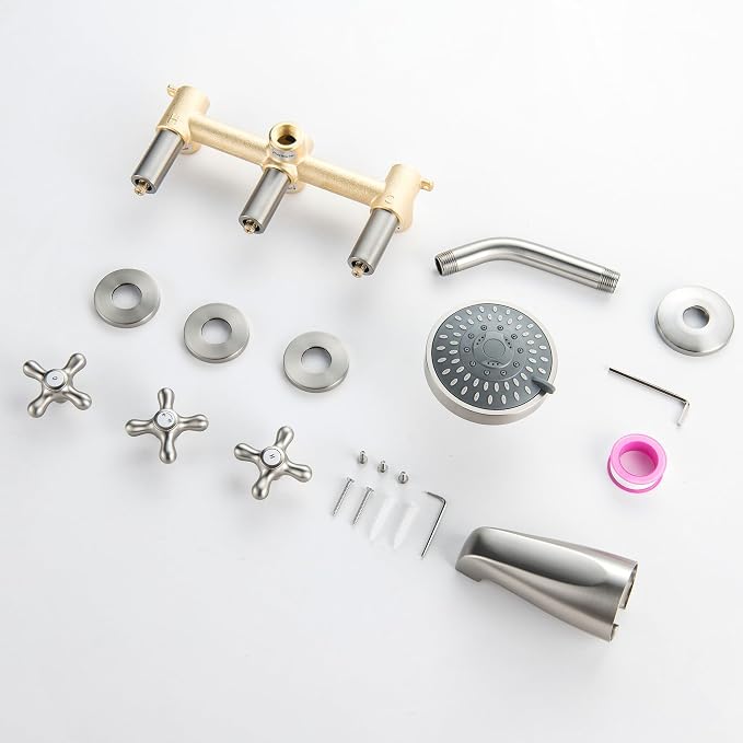 3 Handle Shower Faucet Set with Tub Spout Brushed Nickel Tub and Shower Trim Kit Bathtub Shower Faucets Completes Three Knob