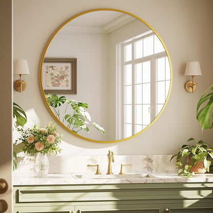 40 Inch Round Mirror - Circle Mirrors for Bathroom, Entryway and Living Room Wall Decor, Modern Hanging Vanity Mirror, Matte Gold Circle Decorative Wall Mirror