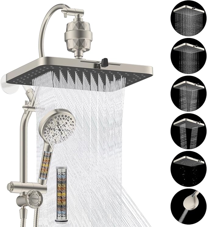 Hibbent 5-spray Dual Filtered Rainfall Shower Head with 10 Spray Handheld | High Pressure 13'' Showerhead Combo, Easy Reach 4-way Diverter Arm with Pause Mode, 71'' Hose & Holder, Brushed Nickel