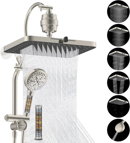 Hibbent 5-spray Dual Filtered Rainfall Shower Head with 10 Spray Handheld | High Pressure 13'' Showerhead Combo, Easy Reach 4-way Diverter Arm with Pause Mode, 71'' Hose & Holder, Brushed Nickel