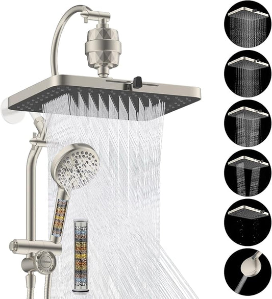 Hibbent 5-spray Dual Filtered Rainfall Shower Head with 10 Spray Handheld | High Pressure 13'' Showerhead Combo, Easy Reach 4-way Diverter Arm with Pause Mode, 71'' Hose & Holder, Brushed Nickel