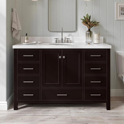 ARIEL 55" Espresso Bathroom Vanity with 1.5" Edge Pure White Quartz Countertop & Backsplash, Center Oval Sink, 2 Soft Closing Doors, 9 Full Extension Dovetail Drawers, Satin Brass