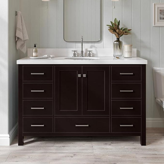 ARIEL 55" Espresso Bathroom Vanity with 1.5" Edge Pure White Quartz Countertop & Backsplash, Center Oval Sink, 2 Soft Closing Doors, 9 Full Extension Dovetail Drawers, Satin Brass