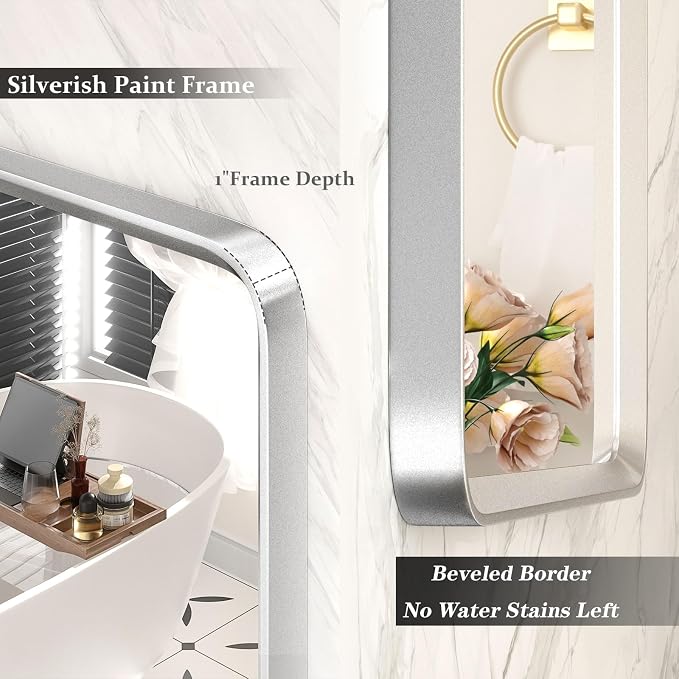44x36 Inch Silver Framed Mirror for Wall | Silver Bathroom Vanity Mirror, Rounded Rectangle Mirror, Shatterproof, Anti-Rust, Silverish Painted (Horizontal/Vertical)