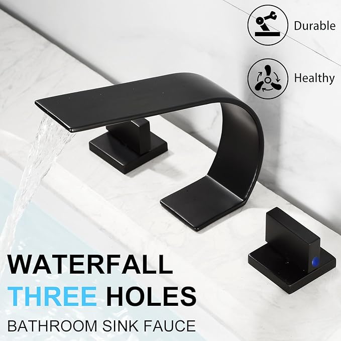 becola Black Bathroom Faucet 3 Hole,Ultrathin Low Arc 8 inch Widespread Bathroom Faucet,Waterfall Bathroom Faucet,2-Handle Modern Vanity Faucet with Hot and Cold Water Supply Hoses