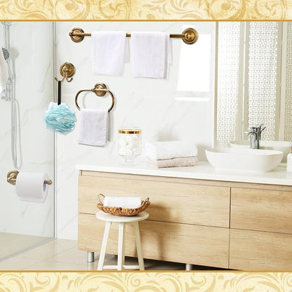 4 Pcs Antique Brass Gold Bathroom Accessories Set Wall-Mounted Towel Rack & Towel Ring & Toilet Paper Holder & Robe Hook, Wall Mounted Brass Vintage Bath Hardware Fixture Set(Style 1)