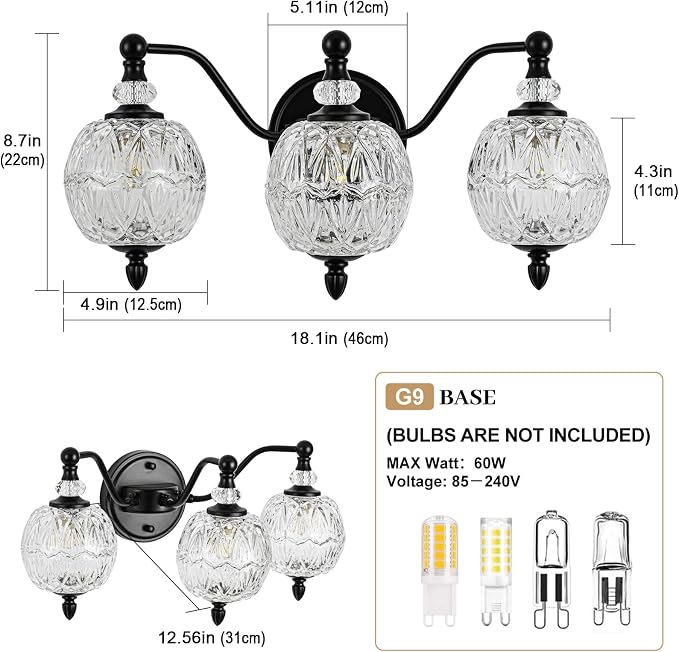 Matte Black Bathroom Vanity Light, 3-Light Mid Century Farmhouse Wall Sconce with Globe Glass Shades, Retro Mirror Light for Bathroom, Powder Room