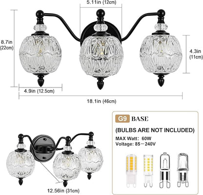 Matte Black Bathroom Vanity Light, 3-Light Mid Century Farmhouse Wall Sconce with Globe Glass Shades, Retro Mirror Light for Bathroom, Powder Room