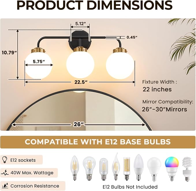 Modern Black and Gold Vanity Lights for Bathroom, Mid Century 3 Light Bathroom Vanity Light with Globe Milky White Glass Shade Over Mirror, Black and Gold Wall Sconce for Bathroom Hallway Living Room