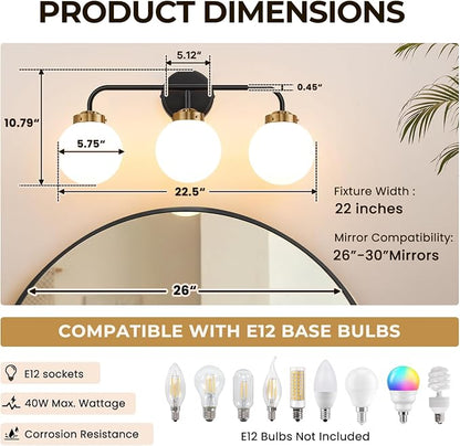 Modern Black and Gold Vanity Lights for Bathroom, Mid Century 3 Light Bathroom Vanity Light with Globe Milky White Glass Shade Over Mirror, Black and Gold Wall Sconce for Bathroom Hallway Living Room
