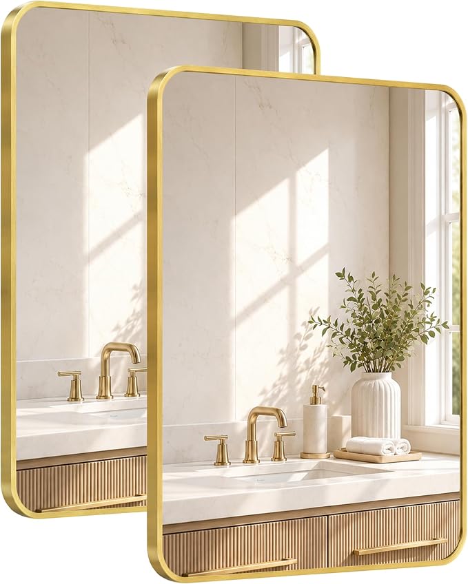 2-Pack 24x36 Inch Brushed Gold Rounded Rectangle Vanity Mirrors | Double Vanity or Two Bathrooms, Pair or Separate Use, Aluminum Frame, Slim Front Profile, Two-Way Mount