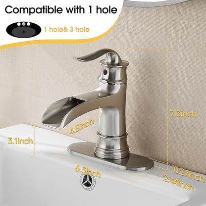 FRANSITON Waterfall Faucet Bathroom Faucet Single Handle One Hole Brushed Nickel Finish Large Spout Lavatory Faucets (Brushed Nickel)