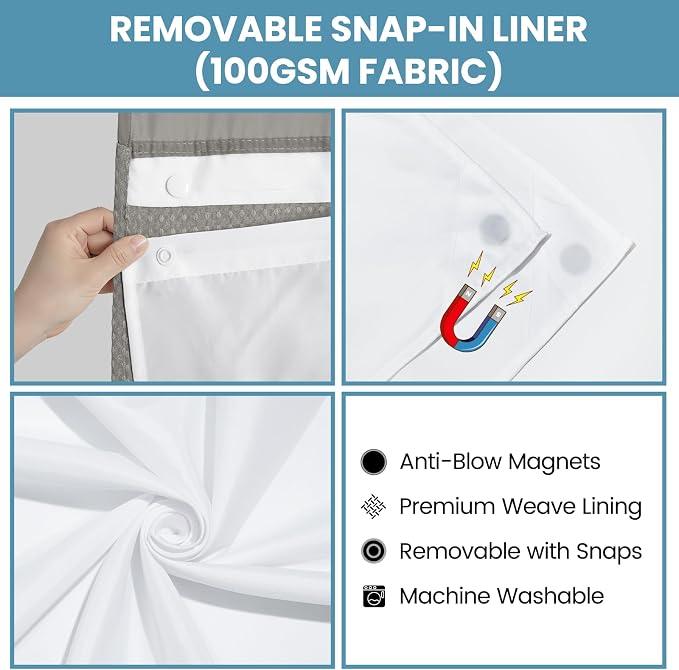 SORTTO No Hook Shower Curtain with Snap in Liner Set Waffle Shower Curtain for Bathroom Hotel Style Fabric Waterproof Inner Liner，71" W x 74" H, Grey