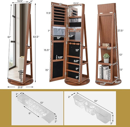 MAT EXPERT 360° Rotating Jewelry Armoire, Lockable Freestanding Jewelry Organizer w/Full-length Mirror, 3-Color LED Lights, Rear Storage Shelves, Mirror Jewelry Cabinet for Bedroom (Walnut)