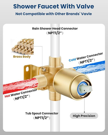 Airuida Shower Faucet Set with Tub Spout,8" Bathtub Faucet-Brushed Gold | Male Threads Rough-In Valve,Round Head Shower System,Tub and Shower Kit Set