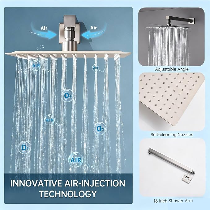Dual Rainfall Shower Head System Brushed Nickel, 3-Function Push Button Shower Faucet Set with 12" Wall Mount Rain shower head and 6" Wall Mount Shower Head, Pressure Balance Rough-in Valve