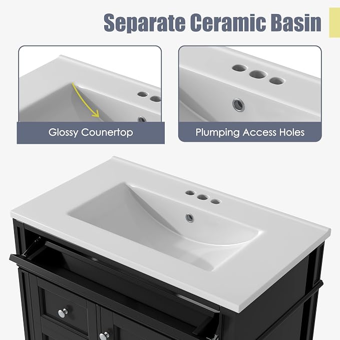 Merax 30 inch Bathroom Vanity with Ceramic Sink, Solid Wood Frame Modern Bathroom Sink Storage Cabinet with 2 Drawers and a Tip-Out Drawer, Single Sink Bathroom Vanities, Black