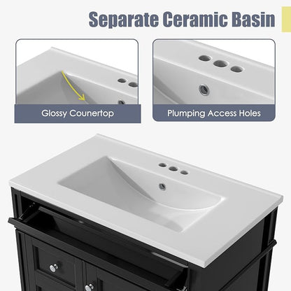 Merax 30 inch Bathroom Vanity with Ceramic Sink, Solid Wood Frame Modern Bathroom Sink Storage Cabinet with 2 Drawers and a Tip-Out Drawer, Single Sink Bathroom Vanities, Black