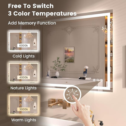 Snowdool 48 x 30 in LED Bathroom Mirror, Front and Backlit, Anti-Fog | Front and Backlit, 3 Color Temperatures, Anti-Fog, Tempered Glass