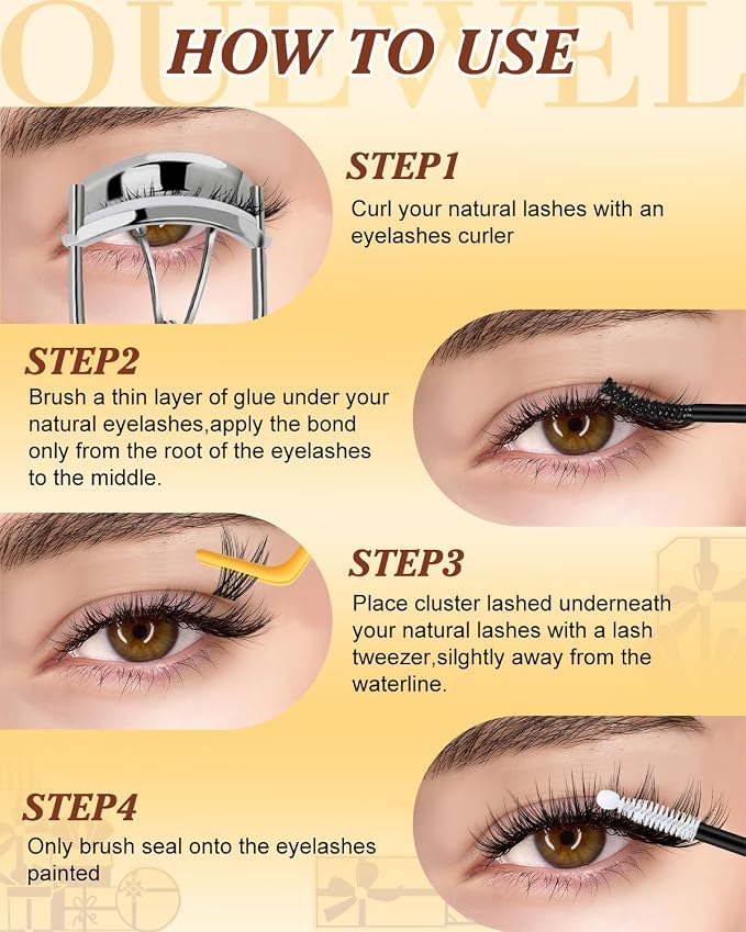 QUEWEL Lash Clusters Kit 300PCS C Curl Wispy Eyelash Clusters(JS01-Kit) | Natural Look Cluster Lashes Extensions Kit with Lash Bond and Seal and Tweezers Natural Eyelash Clusters Use at Home