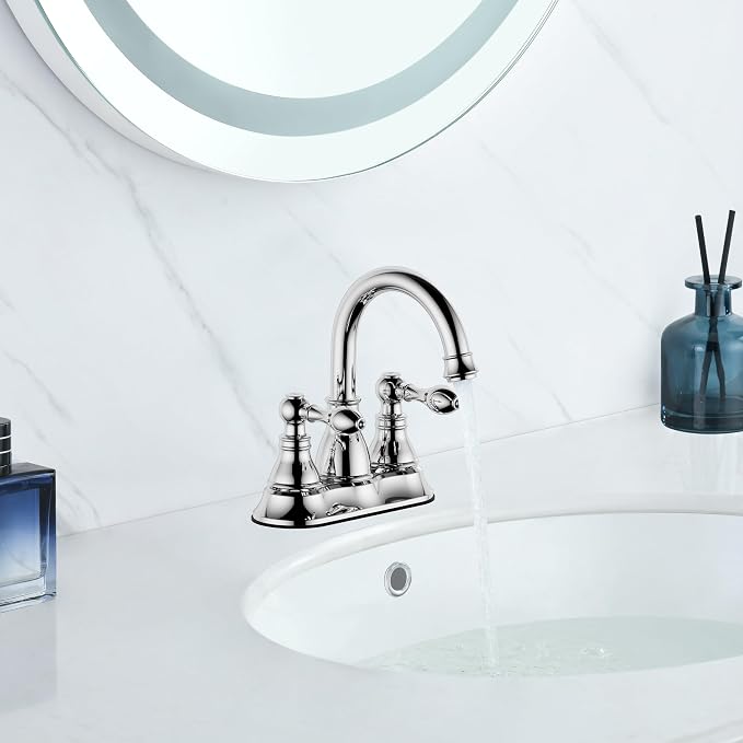 2 Handle Polished Chrome Bathroom Sink Faucet 3 Hole with Overflow Pop up Drain,4 Inch Centerset Bathroom Faucet, 360° Swivel Spout Lavatory Faucet,F-4501-CP