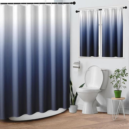 Shower Curtain Set, for Bathroom Decor 72" x 72", Ombre Gradient | Modern Navy Blue Waffle Textured Cloth Waterproof Matching Window Shower Curtain 36 x 30 Inches