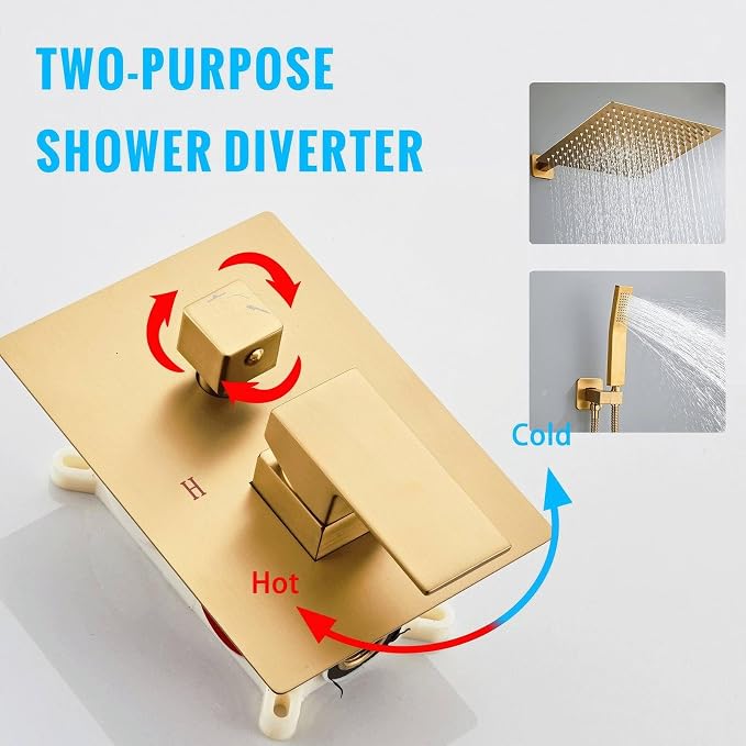 SaniteModar Shower Faucet Set 10 Inch, Brushed Gold Shower System | Rainfall Shower Head with Handheld Combo Spray, High Pressure Shower Combo Set Included Brass Valve and Trim kit