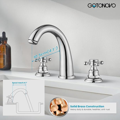 gotonovo Widespread Bathroom Sink Faucet 3 Hole Polished Chrome,No Label | Vintage 8’’ Bathroom Faucet,2 Cross Handle,6-16’’ Sink,Vanity,RV,Farmhouse,SUS304,24’’ cUPC Hose,Pop Up Drain,Deck Mount