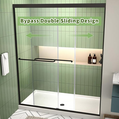 ACE DECOR Double Sliding Shower Door, 56-60" W x 70" H, Matte Black Finish | Bypass Semi-Frameless Shower Doors, 6mm Clear SGCC Tempered Glass, Easy-Clean Nano Coating&Leak-proof&Reversible Installation