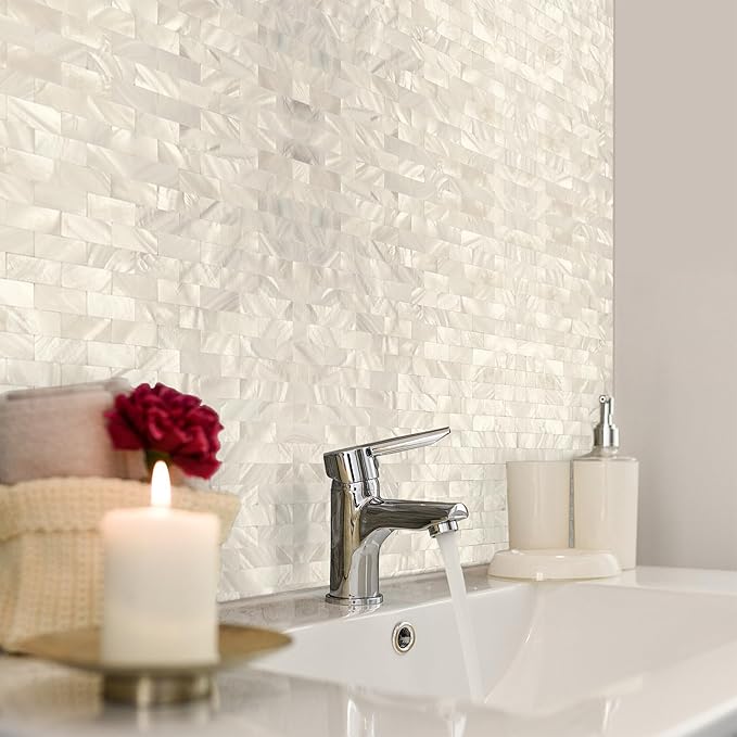 Art3d 6-Pack Peel and Stick Mother of Pearl Shell Tile for Kitchen Backsplashes, 12" x 12" White Brick