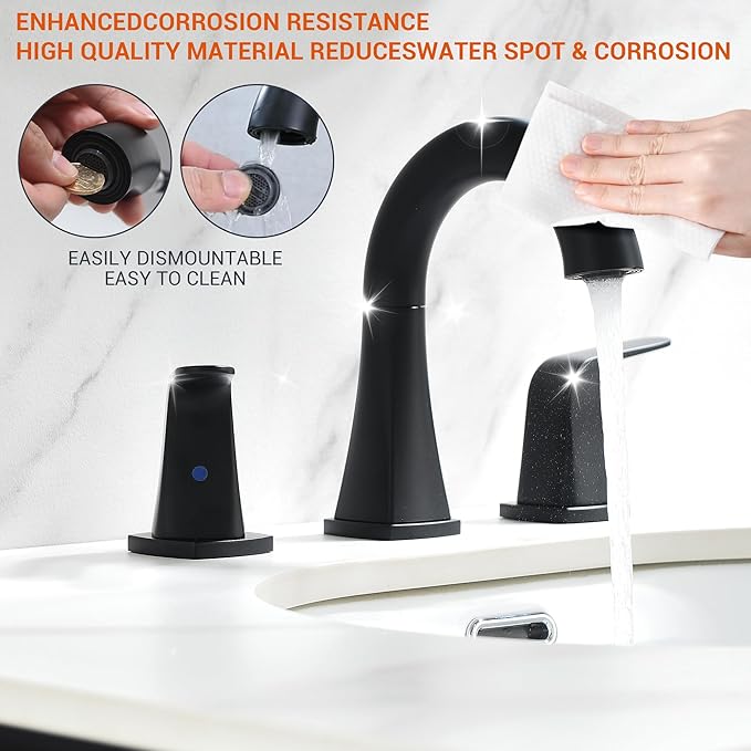 Pull Down Bathroom Faucet Black- Matte Black Sink Faucet with Sprayer, Bathroom Pull Out Faucets, 2-Handles Widespread Vanity Faucets 3 Hole 8 Inch 360 Swivel Spout with Pop-up Drain & Lines