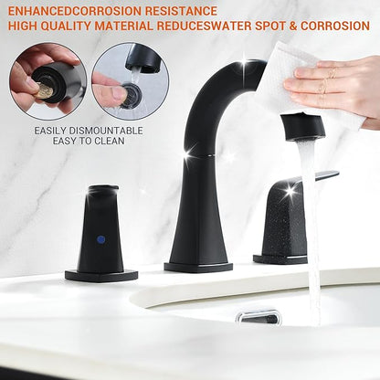 Pull Down Bathroom Faucet Black- Matte Black Sink Faucet with Sprayer, Bathroom Pull Out Faucets, 2-Handles Widespread Vanity Faucets 3 Hole 8 Inch 360 Swivel Spout with Pop-up Drain & Lines