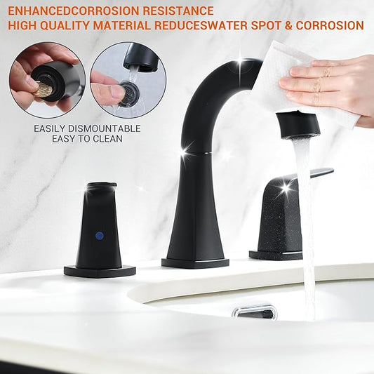 Pull Down Bathroom Faucet Black- Matte Black Sink Faucet with Sprayer, Bathroom Pull Out Faucets, 2-Handles Widespread Vanity Faucets 3 Hole 8 Inch 360 Swivel Spout with Pop-up Drain & Lines