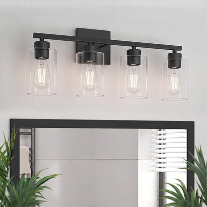 4 Light Bathroom Vanity Light - Matte Black Bathroom Light Fixtures UL Certification, Round Light Fixture Over Mirror, Farmhouse Light Fixtures for Bathroom & Bedroom