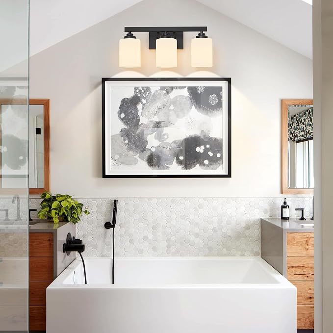 Bathroom Light Fixtures, Vanity Light Over Mirror Black 3-Light Fixture | Modern bathroom vanity light fixture with metal frame, ideal for mirrors, bedrooms and hallways. Fits E26 bulbs.