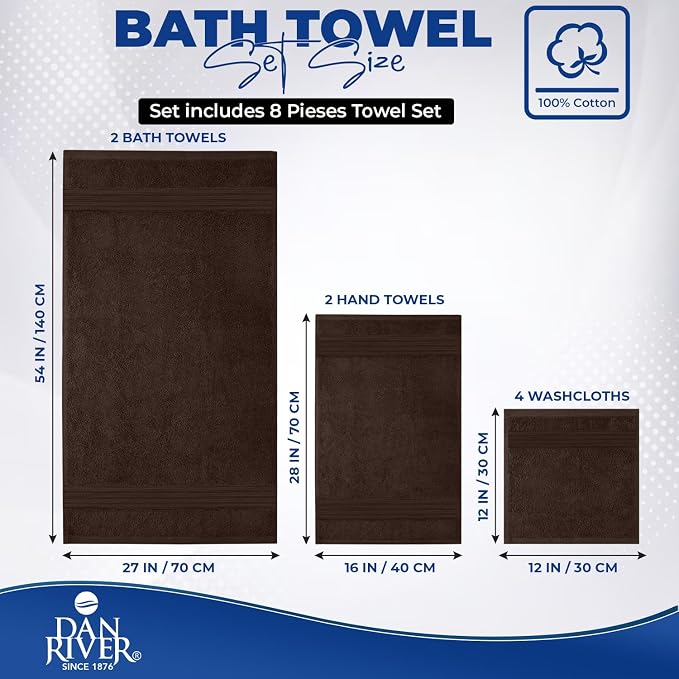 DAN RIVER 8 Piece Luxury Bath Towels for Bathroom, Towel Set, Brown | 2 Bath towels, 2 Hand towels, and 4 Wash Cloths, 600 GSM 100% Ring Spun Cotton, Highly Absorbent, Gym, Hotel, guest, and Spa