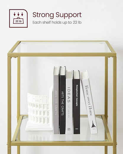 VASAGLE Bookcase, 6-Tier Bookshelf, Slim Shelving Unit for Bedroom, Bathroom, Home Office, Tempered Glass, Steel Frame, Metallic Gold ULGT500A01