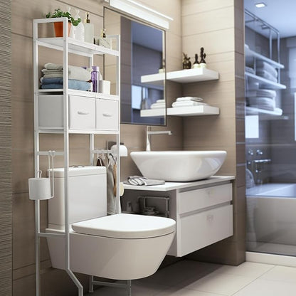 ETELI Over The Toilet Storage Cabinet with Fabric Drawers 3-Tier Over Toilet Bathroom Organizer Behind Toilet Bathroom Shelf Organizer with 4 Hooks Freestanding Bathroom Space Saver White