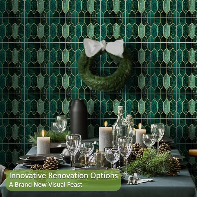 funlife Holographic Emerald Art Deco Peel and Stick Backsplash Self-Adhesive PVC Wall Tiles Easy DIY with Tools for Kitchen Bathroom and Laundry Room 5.9"x5.9"x50-Sheet Hex Emerald