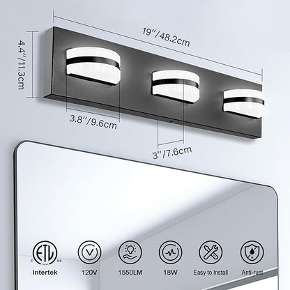 LED Dimmable Bathroom Vanity Light Fixtures, 1550LM 3 Light, Black Modern Matte Bathroom Lighting, Over Mirror Vanity Lights for Bathroom, Living Room, Bedroom ETL Certified