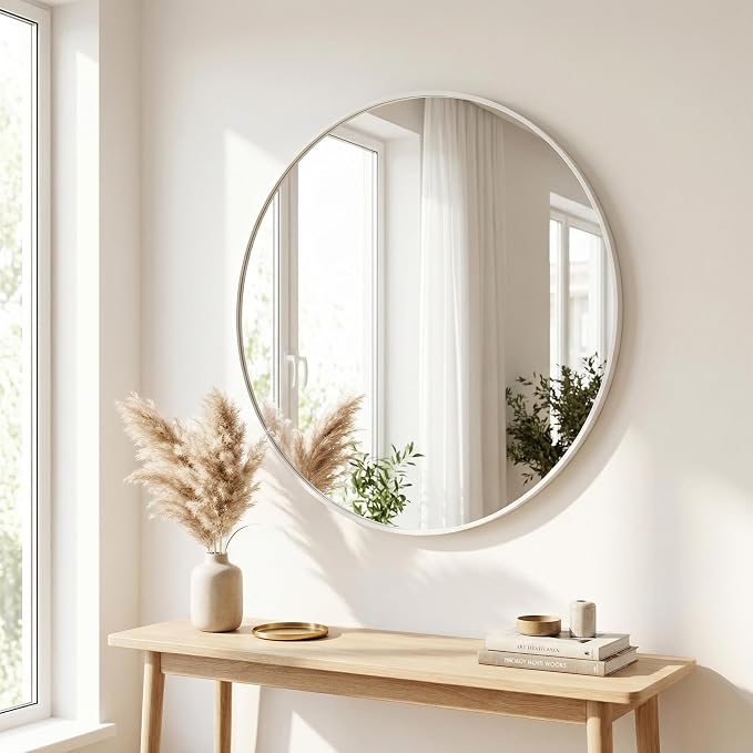 HARRITPURE 24 Inch Round Mirror White Circle Bathroom Mirror | Modern Aluminum Alloy Frame Wall Mounted Vanity Mirror for Living Room, Bedroom, Entryway
