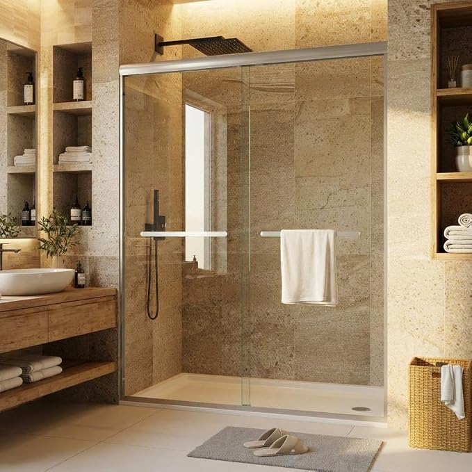 Sliding Shower Door, Aluminum Alloy Frame with 44-48" Adjustable Width x 72" Height, Features Double 6mm (1/4") Tempered Glass Panels, Silver Square Track, Space-Saving Bypass Design