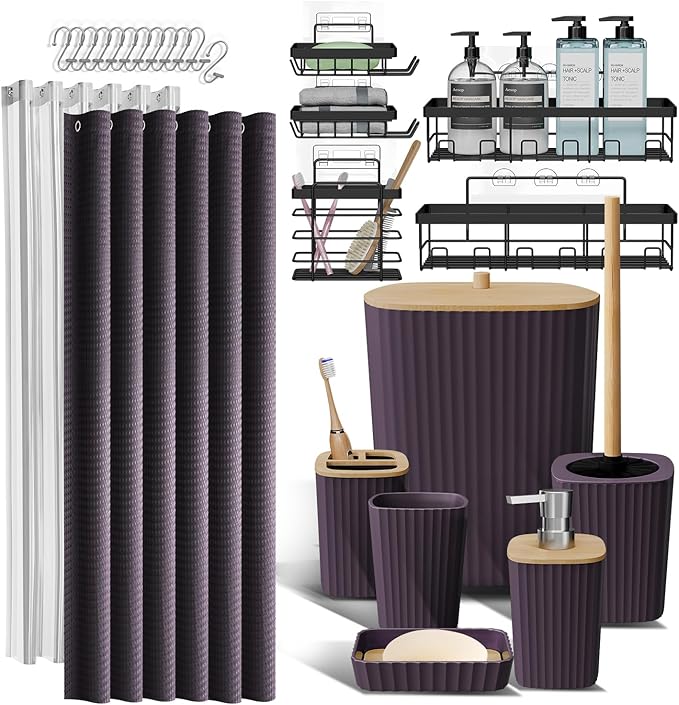 Clara Clark Bathroom Set, Shower Curtain Set and Shower Caddy Hanging | 25 Piece Purple Bathroom Accessories Set with Toothbrush Holder, Soap Dispenser, Soap Dish, Toilet Brush, and Trash Can