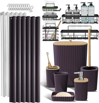 Clara Clark Bathroom Set, Shower Curtain Set and Shower Caddy Hanging | 25 Piece Purple Bathroom Accessories Set with Toothbrush Holder, Soap Dispenser, Soap Dish, Toilet Brush, and Trash Can