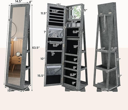 CHARMAID 360° Swivel Jewelry Armoire with Full Length Mirror, Standing Lockable Jewelry Cabinet Organizer, Large Storage Capacity, Inside Makeup Mirror, Back Storage Shelves (Stone Gray)